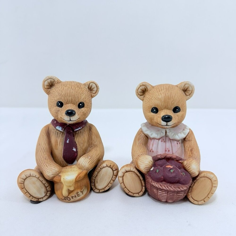 Vintage Homco Bear Figurines Set 1405 Papa Honey Pot Mama Apples Man Woman Pair